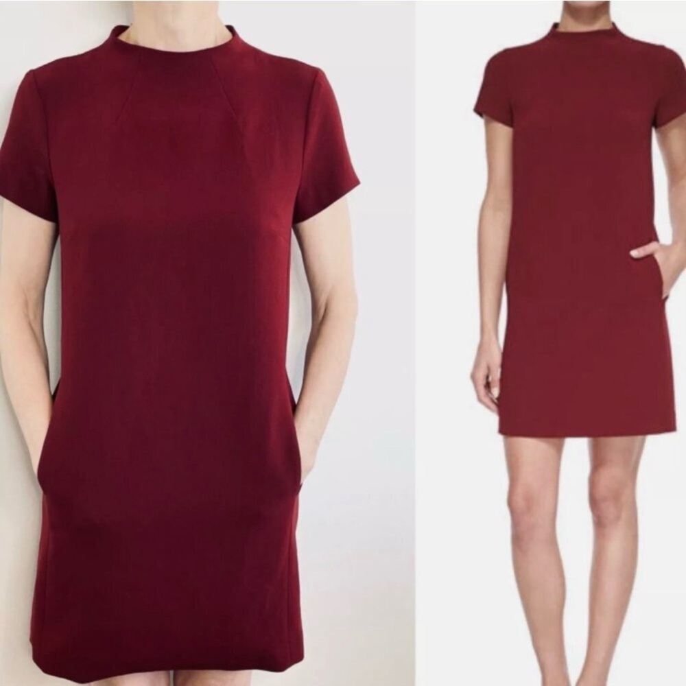 Theory Jasneah Admiral Crepe Mini Dress 2 XS Burgundy Cranberry lined Pockets